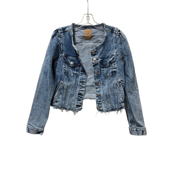 GAP Jackets & Blazers - GAP Womens XS Puff Sleeve Collarless Denim Jacket Light Wash Raw Hem C